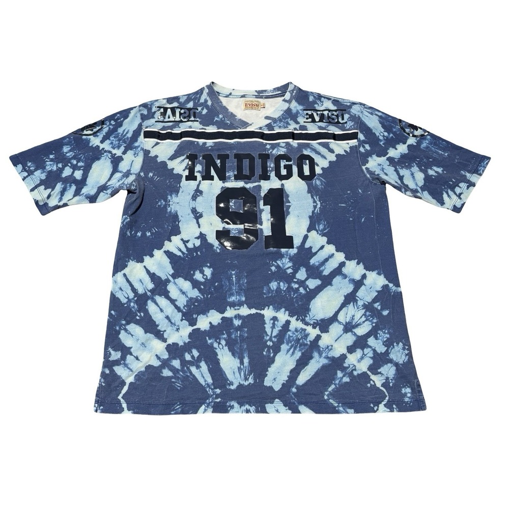 Evisu Custom Made Men's Tie Dye Shirt Indigo 91 Logo Size Small‎ 20.5 x 26.5